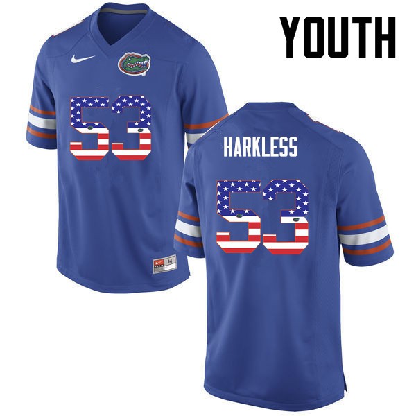 Florida Gators Youth #53 Kavaris Harkless College Football Jersey USA Flag Fashion Blue